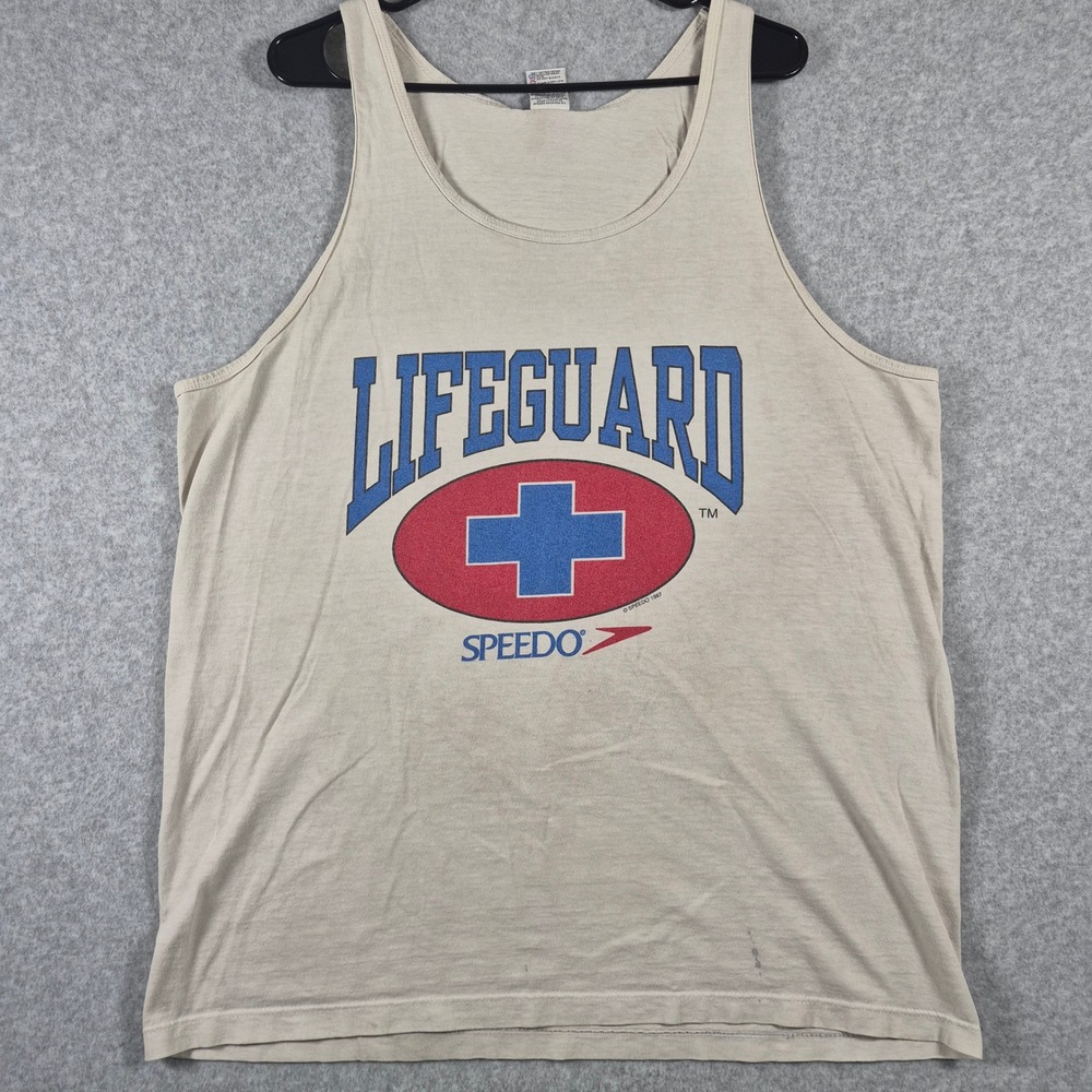 Vintage Speedo Lifeguard Tank Top Mens XL Beige 1997 Graphic Made in USA
